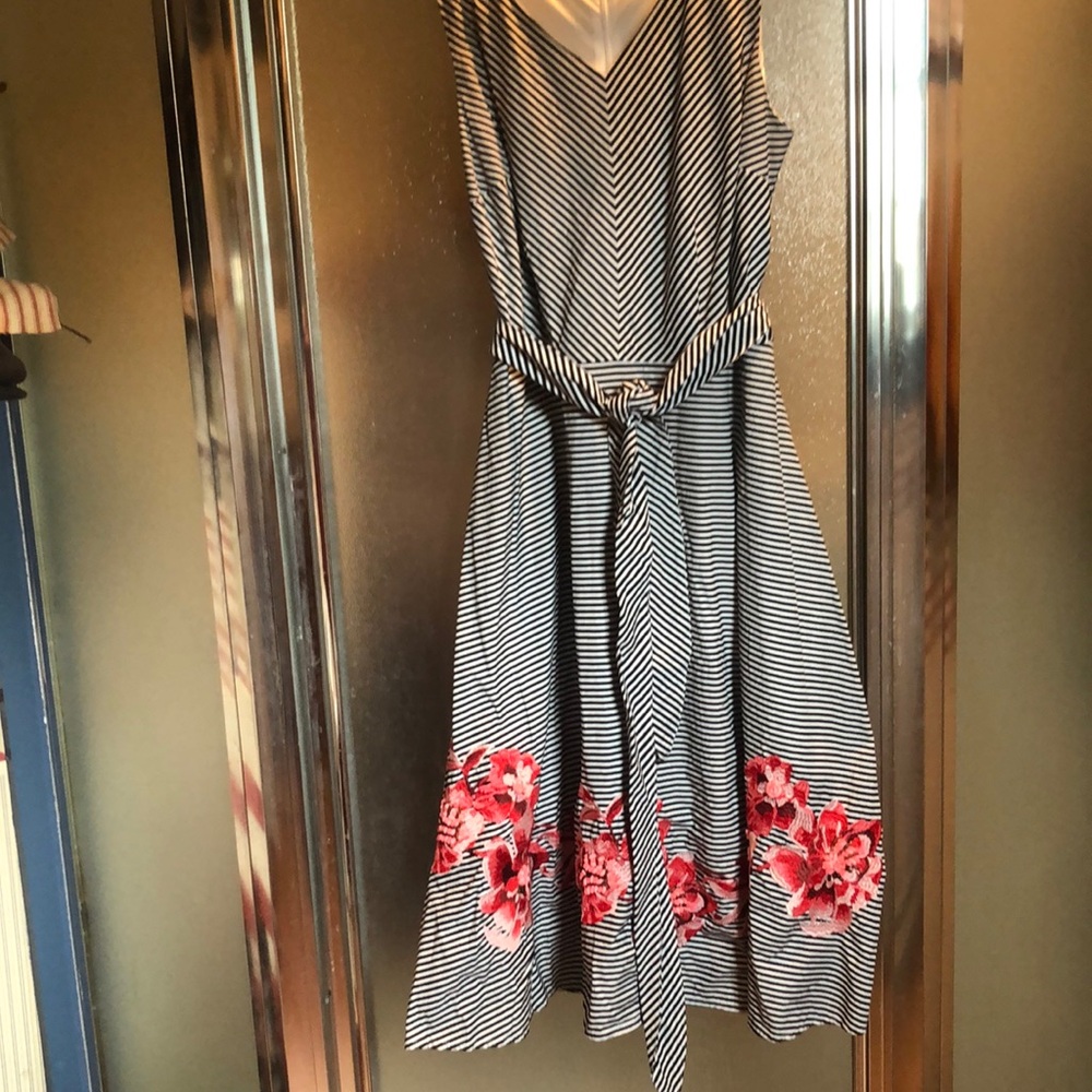Talbots size 4p sleeveless black/white striped cotton dress.